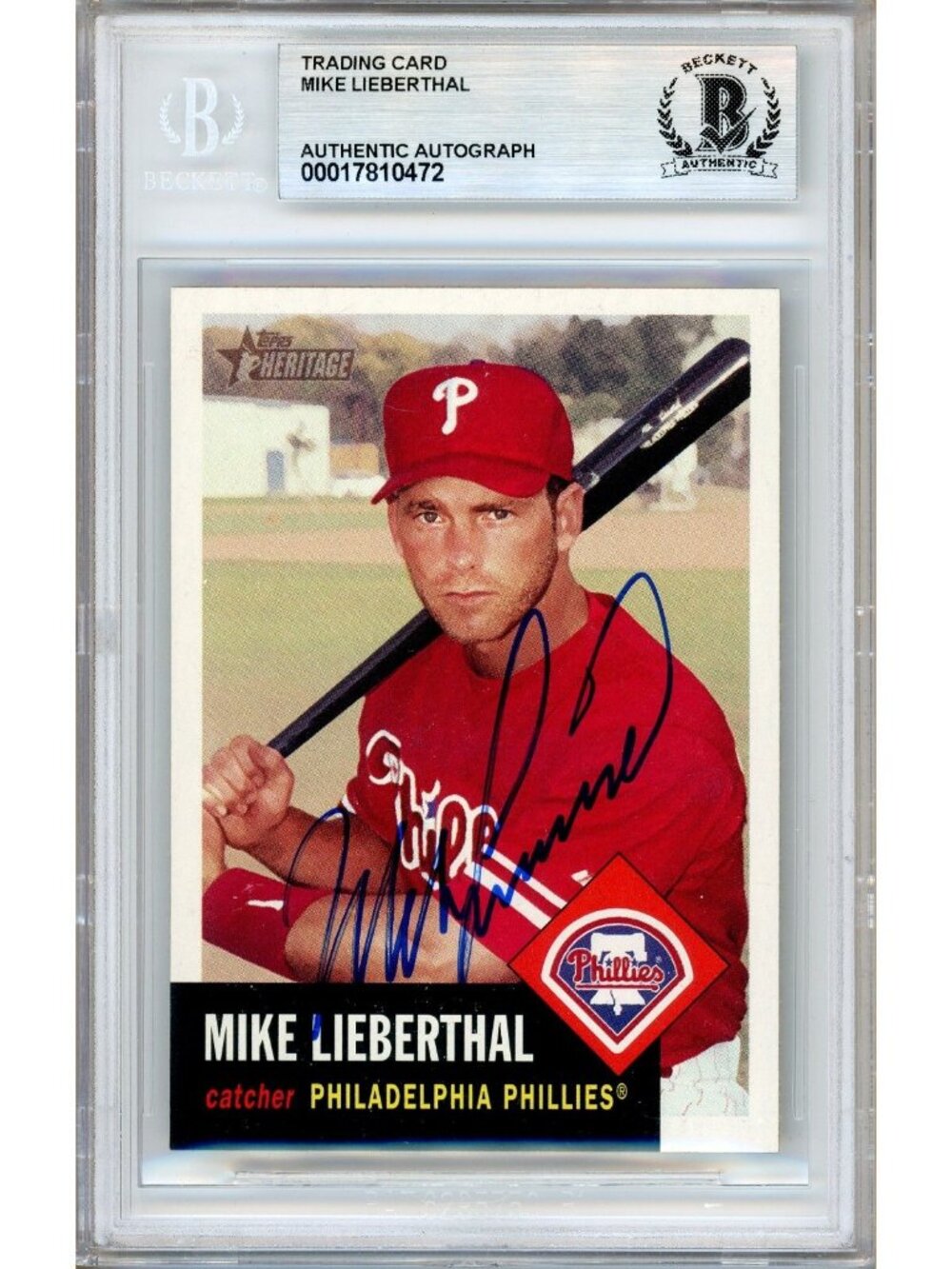 Mike Lieberthal Signed 2002 Topps Heritage #288 Phillies Beckett BAS Slab Auto